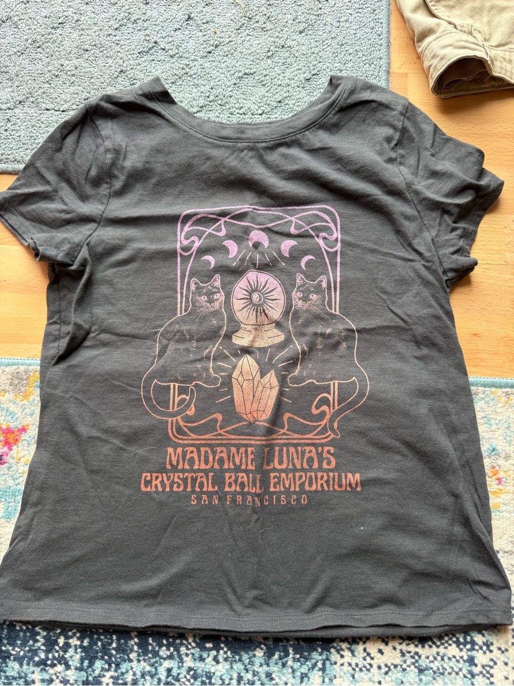 SO Black Graphic Tee with Pink and Peach Mystic Cat Design